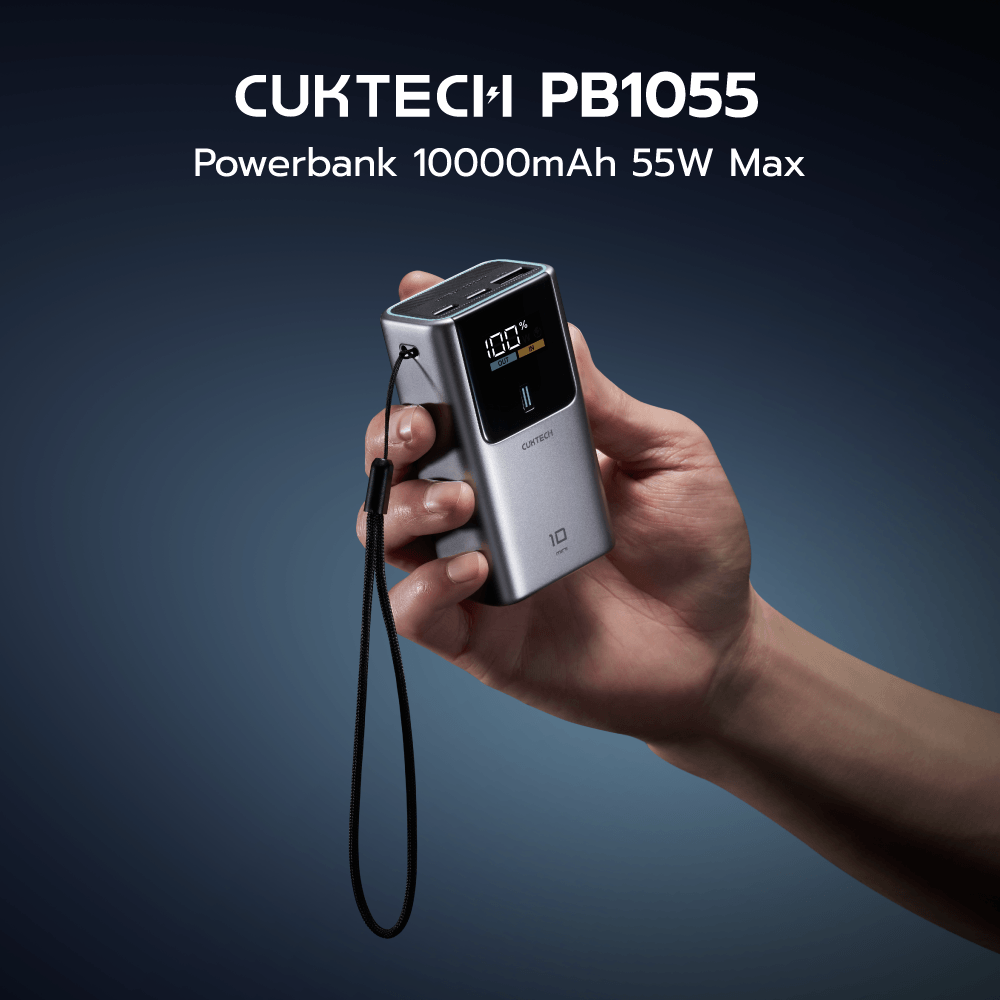 แบตเตอรี่สำรอง CUKTECH PB1055 10000MAH สีดำ พกพาง่ายมีสายคล้อง มาตรฐาน CCC จ่ายไฟรวมกันได้สูงถึง 55W
